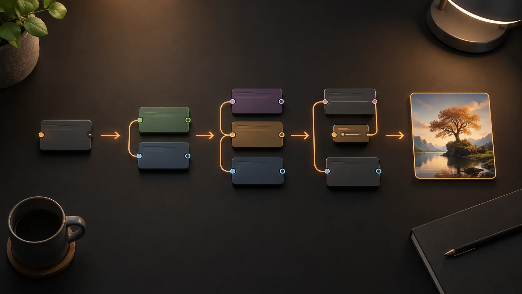 Portada de ComfyUI desde cero: nodos conectados sobre una mesa