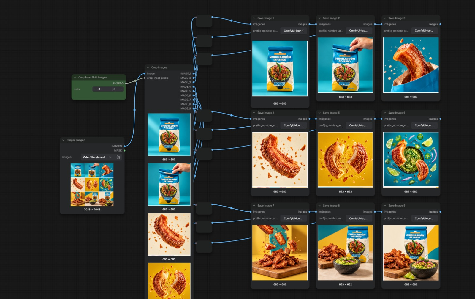 ComfyUI: recorte y guardado de nueve piezas de producto turquesa y amarillo